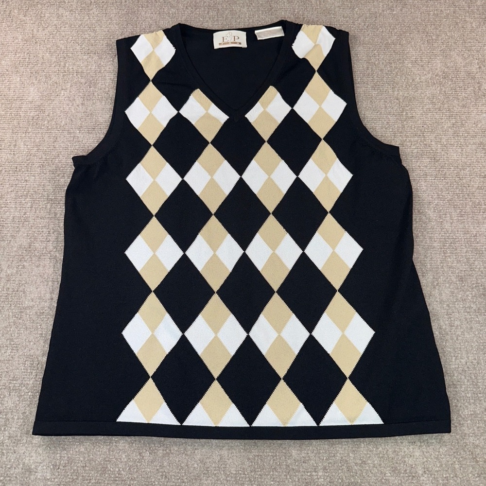 EP Pro Argyle Golf Vest Womens Large Black Tan White V-Neck Sleeveless Knit Top